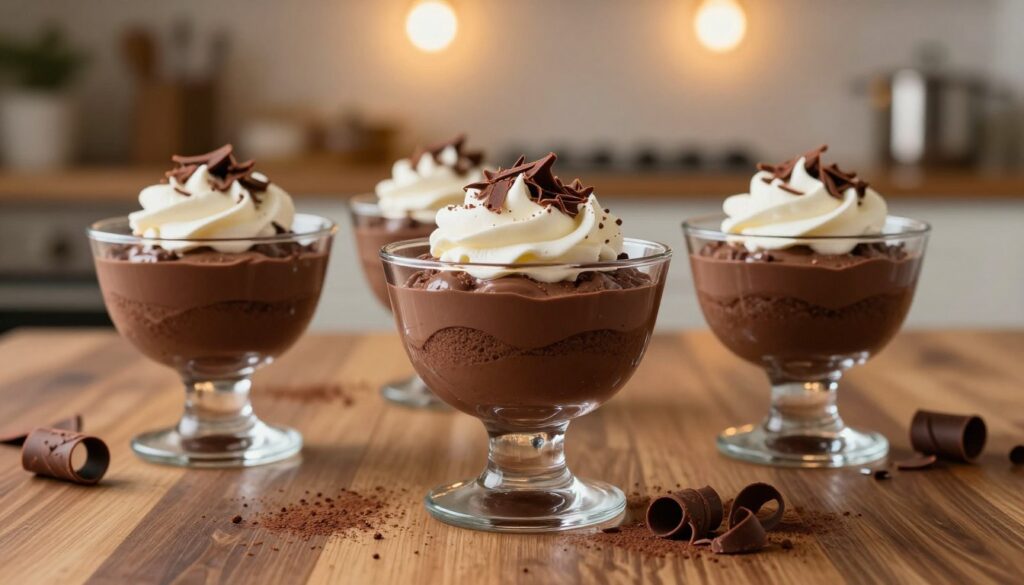 A beautiful arrangement of classic chocolate mousse recipes served in elegant glass bowls, each topped with a dollop of whipped cream and chocolate shavings. In the foreground, focus on three bowls of rich, creamy mousse with glistening layers, inviting textures, and the soft sheen of chocolate. The middle ground features a polished wooden table, scattered with cocoa powder and decorative chocolate curls, enhancing the luscious visual. In the background, a softly blurred kitchen setting, featuring warm, ambient lighting from overhead fixtures, creates a cozy, inviting atmosphere. Captured with a shallow depth of field using a 50mm lens, the image evokes a sense of indulgence and sophistication, perfect for a delightful dessert experience.