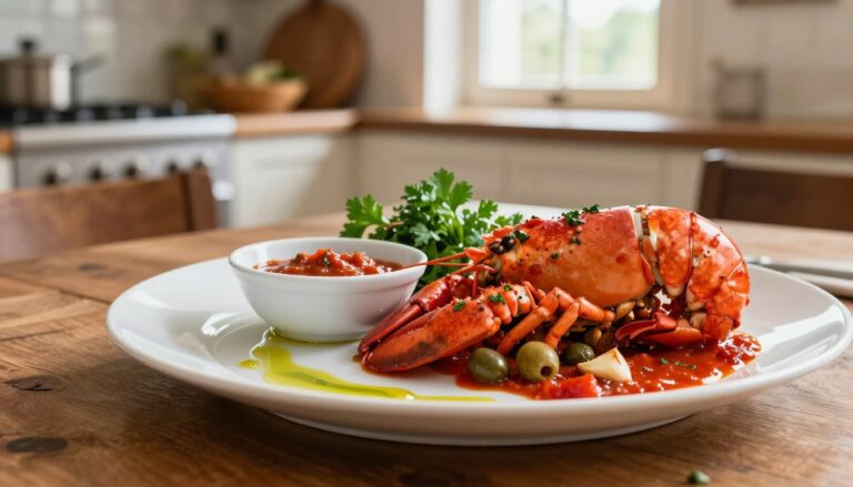 A beautifully arranged Lobster Armoricaine dish showcasing plump, fresh lobster tails in a rich, vibrant red sauce made with tomatoes, garlic, and herbs, alongside Mediterranean ingredients like olives, capers, and fresh parsley. The foreground features a rustic wooden table set with a sleek plate, elegantly garnished. In the middle, a small bowl of the sauce and bright green herbs are artistically placed, with splashes of olive oil adding a glossy texture. The background includes soft-focus elements of a Mediterranean kitchen with warm, natural light filtering through a window, creating an inviting and homey atmosphere. The scene emphasizes the debate between the Américaine and Armoricaine styles through rich colors and textures, evoking a sense of culinary sophistication.