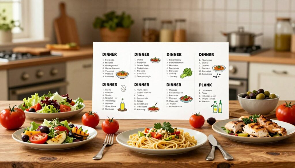 A beautifully arranged Mediterranean diet dinner plan displayed on a rustic wooden table. In the foreground, vibrant dishes featuring grilled vegetables, fresh salads, whole grain pasta, and lean proteins like fish and chicken. Colorful ingredients such as ripe tomatoes, olives, and herbs are artfully scattered around the plates. In the middle ground, a weekly schedule chart with each day's dinner options laid out neatly, annotated with icons for easy visualization of meal components. The background features a warm, inviting kitchen atmosphere with soft golden lighting, emphasizing a sense of comfort and healthfulness. The scene captures a serene, home-cooked vibe, inspiring a community around Mediterranean dining traditions.