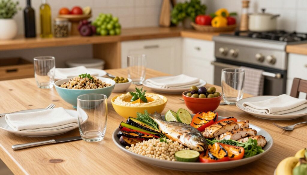 A beautifully arranged Mediterranean dinner table set under soft, warm lighting, showcasing a variety of healthy dishes that embody the Mediterranean diet. In the foreground, a vibrant platter filled with grilled vegetables, fresh herbs, whole grains, and lean proteins like fish and chicken. In the middle ground, colorful bowls of quinoa salad, hummus, and olives, elegantly presented with garnishes. The background features an inviting kitchen with rustic wooden shelves stocked with olive oil, spices, and fresh produce, creating a cozy yet sophisticated atmosphere. The scene captures a harmonious blend of health and flavor, evoking feelings of well-being and gratitude. Shot from a slightly elevated angle to highlight the abundance of fresh ingredients, incorporating natural light for a warm and inviting ambiance.
