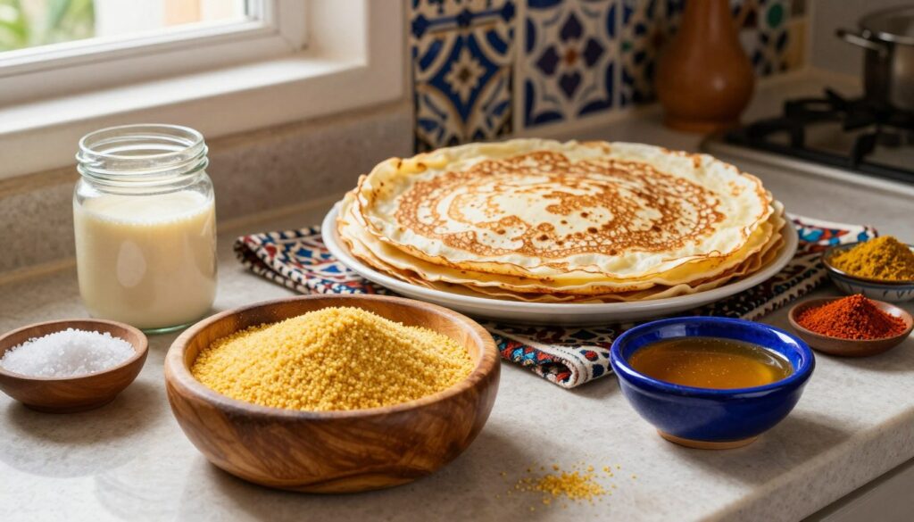 A beautifully arranged Moroccan kitchen countertop showcasing the essential ingredients for an authentic Baghrir, the Moroccan thousand-hole crepe. In the foreground, a rustic wooden bowl filled with golden semolina sits beside a glass jar of yeast, a small dish of salt, and a vibrant blue ceramic bowl with honey. The middle ground features a perfectly cooked Baghrir, stacked and slightly golden, surrounded by a colorful array of Moroccan spices on a patterned cloth. In the background, traditional Moroccan tiles add texture and warmth to the setting, enhanced by soft, natural sunlight filtering through a window, creating a cozy atmosphere. The image captures the essence of Moroccan cooking, inviting and warm, evoking a sense of culinary tradition.