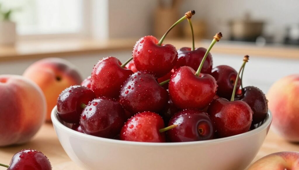 A beautifully arranged bowl filled with fresh, plump cherries, showcasing their vibrant red color with a glossy sheen. Surrounding the bowl, a subtle selection of other stone fruits like peaches and plums, highlighting their natural hues of orange and purple. In the background, a softly blurred kitchen setting, illuminated by warm, natural light coming through a window, creating a cozy atmosphere. The scene is captured from a slightly elevated angle, emphasizing the textures of the fruits and the glossy surfaces. The mood is inviting and healthy, evoking a sense of well-being and vibrancy, perfect for conveying the message of natural inflammation relief.