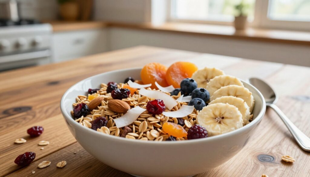 A beautifully arranged bowl of healthy homemade granola muesli is the focal point, filled with a vibrant mix of rolled oats, crunchy almonds, sweet coconut flakes, and dried fruits like cranberries and apricots. Surround the bowl with fresh fruit slices, such as bananas and berries, adding a pop of color and freshness. In the background, a rustic wooden table enhances the organic vibe, while a softly lit kitchen with warm, natural sunlight streaming through a window creates an inviting atmosphere. The scene is captured from a slightly elevated angle, showcasing the textures and ingredients in detail. The overall mood is warm and wholesome, reflecting the health benefits of this nourishing breakfast option. A beautifully arranged bowl of healthy homemade granola muesli is the focal point, filled with a vibrant mix of rolled oats, crunchy almonds, sweet coconut flakes, and dried fruits like cranberries and apricots. Surround the bowl with fresh fruit slices, such as bananas and berries, adding a pop of color and freshness. In the background, a rustic wooden table enhances the organic vibe, while a softly lit kitchen with warm, natural sunlight streaming through a window creates an inviting atmosphere. The scene is captured from a slightly elevated angle, showcasing the textures and ingredients in detail. The overall mood is warm and wholesome, reflecting the health benefits of this nourishing breakfast option.