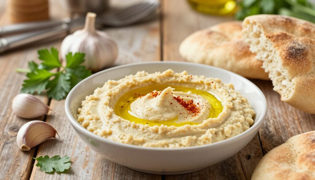 A beautifully arranged bowl of smooth, creamy garlic hummus in the foreground, garnished with a drizzle of olive oil and a sprinkle of paprika. Surrounding the bowl, there are fresh garlic cloves, a sprig of parsley, and warm pita bread slices, invitingly placed. The middle ground features a rustic wooden table surface, capturing the essence of homemade cooking. In the background, softly blurred kitchen utensils and a hint of fresh vegetables create a warm, homey atmosphere. The lighting is bright and natural, simulating midday sunlight, casting gentle shadows that enhance the textures. The overall mood is inviting and cozy, perfect for illustrating a wholesome cooking experience.