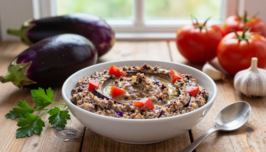 A beautifully arranged bowl of vegan eggplant dip, showcasing the creamy, textured dip with rich purple and brown tones, flecked with vibrant red tomato pieces. Surrounding the bowl, fresh ingredients like whole eggplants, ripe tomatoes, garlic cloves, and sprigs of parsley are artfully placed on a rustic wooden table. In the foreground, a spoon rests playfully in the dip, inviting the viewer to try it. The middle ground features a softly blurred background where gentle natural light filters in through a nearby window, creating a warm and inviting atmosphere. The scene aims for a cozy, home-cooking vibe, emphasizing freshness and wholesome ingredients, perfect for a culinary exploration.