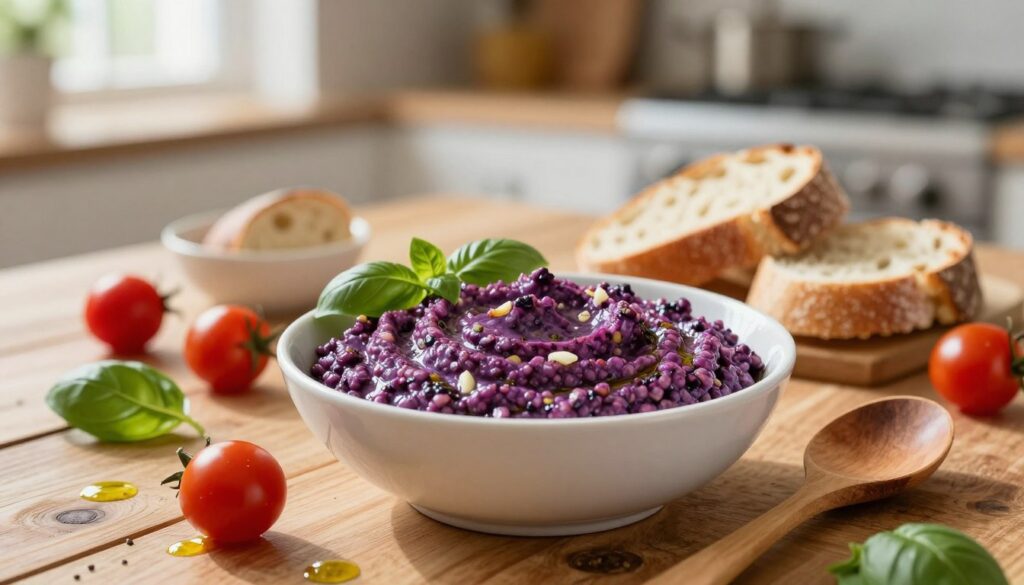 A beautifully arranged bowl of vibrant eggplant caviar dip sits on a rustic wooden table, surrounded by colorful cherry tomatoes, fresh basil leaves, and a drizzle of olive oil. The dip, rich in texture, showcases a deep purple hue with flecks of garlic and herbs. In the foreground, a small wooden spoon rests beside the bowl, inviting a taste. In the middle ground, there are slices of crusty artisanal bread positioned artfully, ready for spreading. The background softly blurs into a warm, inviting kitchen atmosphere with natural light streaming through a nearby window, casting gentle shadows. The overall mood is cozy and inviting, perfect for a healthy, homemade culinary delight. Use a shallow depth of field to draw focus to the dip, enhancing its appetizing appearance.