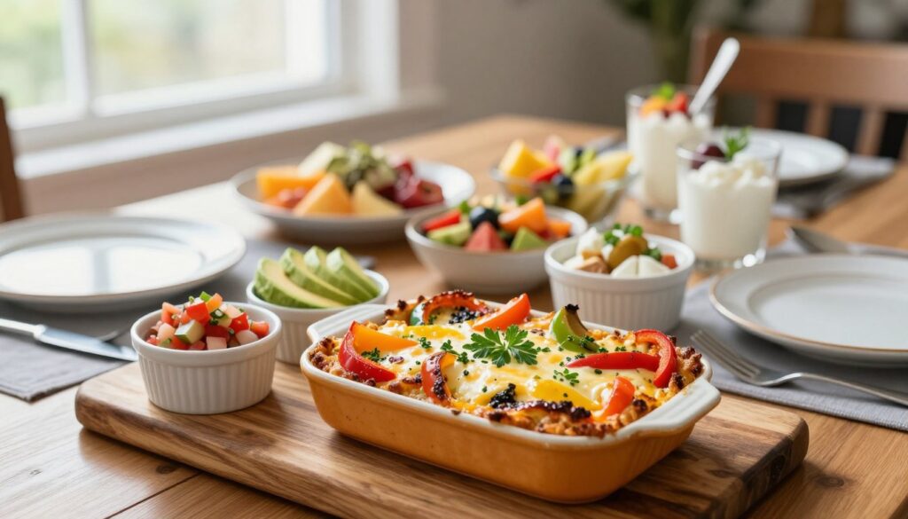 A beautifully arranged breakfast table featuring an array of creative protein breakfast casseroles. In the foreground, a golden-brown casserole dish, topped with colorful bell peppers, fresh herbs, and melted cheese, placed on a rustic wooden board. Beside it, small ramekins filled with assorted toppings like avocado slices, salsa, and Greek yogurt for serving. The middle ground showcases an elegant table setting with plates and cutlery, accompanied by vibrant side dishes like fruit salad and yogurt parfaits. In the background, soft natural light filters through a window, creating a warm and inviting atmosphere. The scene evokes a cozy brunch vibe, perfect for friends or family gatherings. Use a shallow depth of field to emphasize the casseroles while softly blurring the background details.