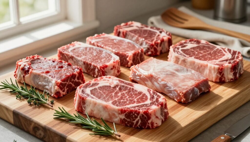 A beautifully arranged butcher's block featuring an array of the best cuts for roast beef, including ribeye, sirloin, and tenderloin. In the foreground, place a well-marbled ribeye steak with visible grain and texture, surrounded by fresh herbs like rosemary and thyme. In the middle, showcase neatly cut pieces of sirloin and tenderloin, each displaying their rich color and softness. The background should consist of rustic kitchen elements, like wooden utensils and a light-colored cloth, enhancing the warm and inviting atmosphere. Natural sunlight filters in from a nearby window, casting soft shadows that highlight the freshness of the meat. Use a shallow depth of field to create a sense of focus on the cuts while slightly blurring the background. The overall mood should convey simplicity, quality, and the art of choosing the perfect roast beef cut.