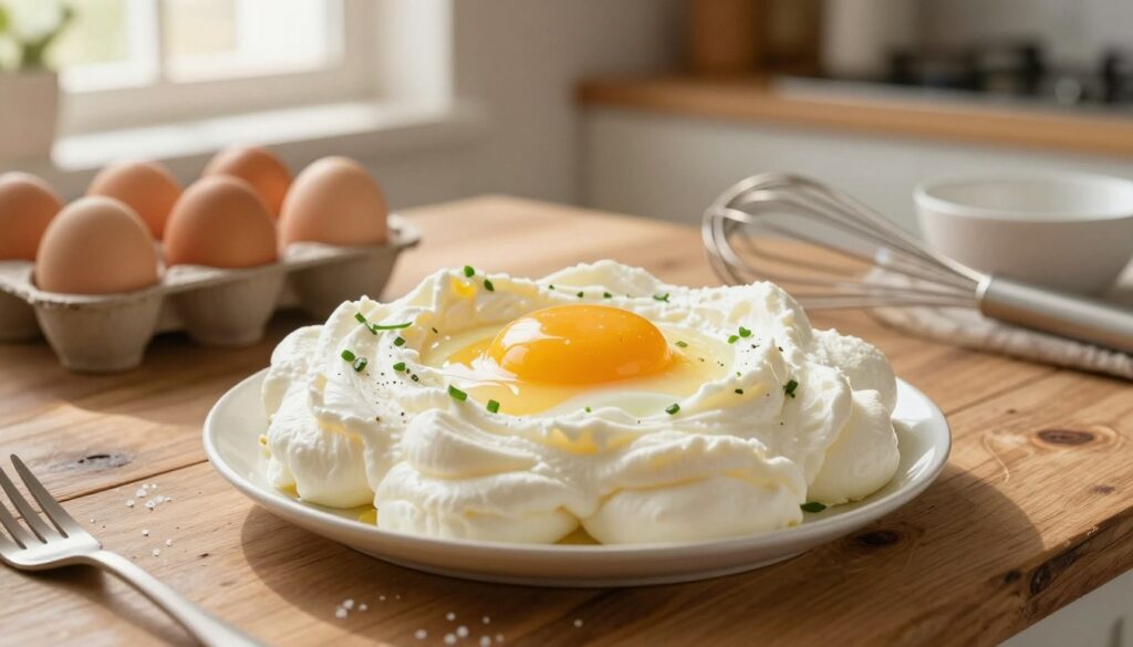 A beautifully arranged cloud egg dish set on a rustic wooden table. In the foreground, the fluffy cloud egg has a golden, runny yolk resting atop a fluffy bed of whipped egg whites, garnished with fresh herbs like chives and a sprinkle of salt. The middle ground features warm kitchen elements: a light baking tray with eggs, a whisk, and a bowl, all softly lit to emphasize their textures. In the background, a gentle sunlight filters through a window, casting a cozy glow over the scene, enhancing the inviting atmosphere. The image is captured from a slightly elevated angle, showcasing the dish's height and ethereal quality against a blurred kitchen backdrop, creating warmth and a sense of homeliness.