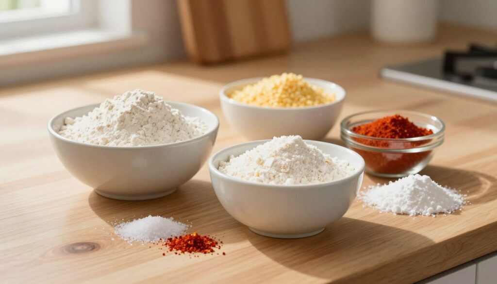 A beautifully arranged collection of essential ingredients for making fish batter, featuring a clean, wooden kitchen countertop. In the foreground, a bowl of fine all-purpose flour is positioned beside a bowl of light, fluffy cornstarch, their textures clearly visible. Scattered around are additional ingredients like salt, paprika, and baking powder, creating a vibrant and appetizing palette. In the background, soft natural light filters through a nearby window, casting gentle shadows and highlighting the freshness of the ingredients. The composition should focus closely on the ingredients, with a shallow depth of field to create a warm, inviting atmosphere, ideal for a cooking enthusiast. The scene is inviting and organized, conveying the idea of a well-prepared kitchen ready for culinary creativity. A beautifully arranged collection of essential ingredients for making fish batter, featuring a clean, wooden kitchen countertop. In the foreground, a bowl of fine all-purpose flour is positioned beside a bowl of light, fluffy cornstarch, their textures clearly visible. Scattered around are additional ingredients like salt, paprika, and baking powder, creating a vibrant and appetizing palette. In the background, soft natural light filters through a nearby window, casting gentle shadows and highlighting the freshness of the ingredients. The composition should focus closely on the ingredients, with a shallow depth of field to create a warm, inviting atmosphere, ideal for a cooking enthusiast. The scene is inviting and organized, conveying the idea of a well-prepared kitchen ready for culinary creativity.