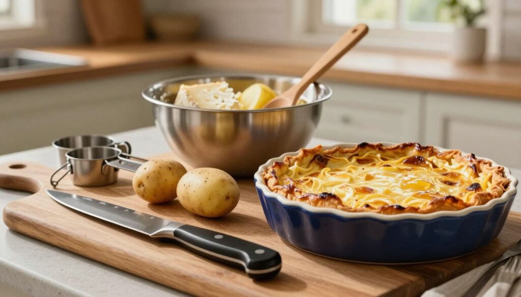 A beautifully arranged collection of kitchen tools for making Savoyard-style baked tartiflette. In the foreground, a wooden cutting board displays a sharp chef's knife, a sturdy potato peeler, and a set of measuring cups. Next to it, a ceramic dish for baking showcases its rich colors and elegant shape. In the middle layer, a stainless steel mixing bowl is filled with creamy Reblochon cheese and sliced potatoes, while a wooden spoon rests beside it. The background features soft-focus elements like a rustic kitchen countertop and a window with natural light streaming in, creating a warm, inviting atmosphere. The overall mood is cozy and culinary, perfect for home cooking. The image should have a soft focus with natural lighting to highlight the textures and colors of the kitchen tools. A beautifully arranged collection of kitchen tools for making Savoyard-style baked tartiflette. In the foreground, a wooden cutting board displays a sharp chef's knife, a sturdy potato peeler, and a set of measuring cups. Next to it, a ceramic dish for baking showcases its rich colors and elegant shape. In the middle layer, a stainless steel mixing bowl is filled with creamy Reblochon cheese and sliced potatoes, while a wooden spoon rests beside it. The background features soft-focus elements like a rustic kitchen countertop and a window with natural light streaming in, creating a warm, inviting atmosphere. The overall mood is cozy and culinary, perfect for home cooking. The image should have a soft focus with natural lighting to highlight the textures and colors of the kitchen tools.