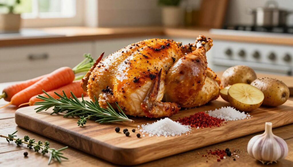 A beautifully arranged collection of vibrant seasonings for oven-roasted chicken, including fresh herbs like rosemary and thyme, coarse sea salt, cracked black pepper, smoked paprika, and garlic powder. In the foreground, a wooden cutting board with a sprinkle of herbs and spices glistening in soft, natural light. In the middle, a perfectly seasoned raw chicken surrounded by colorful vegetables like carrots and potatoes, all on a rustic kitchen table. The background features a warm kitchen ambiance, with soft sunlight streaming through a window, enhancing the inviting atmosphere. The lens captures the textures of the spices and vegetables in rich detail, inviting the viewer to savor the flavors before cooking. The overall mood conveys warmth, home-cooked comfort, and culinary creativity.