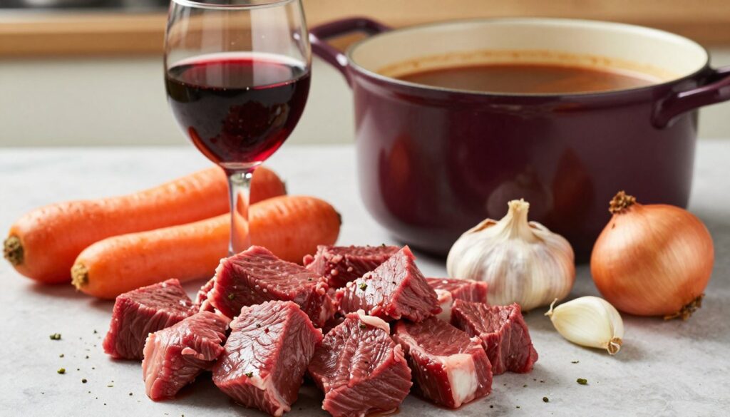 A beautifully arranged composition showcasing the essential ingredients for a classic beef bourguignon. In the foreground, display vibrant red chunks of beef, glistening with freshness and some herbs sprinkled around. In the middle, include a glass of rich, deep burgundy wine, alongside chopped carrots, pearl onions, and garlic cloves, each element meticulously cut and vibrant. Behind these, place a pot filled with dark beef stock, emanating warmth. Ensure soft, natural lighting enhances the textures of the ingredients, casting gentle shadows. The background should softly blur to maintain focus on the ingredients, creating a warm, inviting kitchen atmosphere, perfect for cooking. The scene should evoke a sense of authenticity and culinary warmth, enticing the viewer to explore the wonders of beef bourguignon.