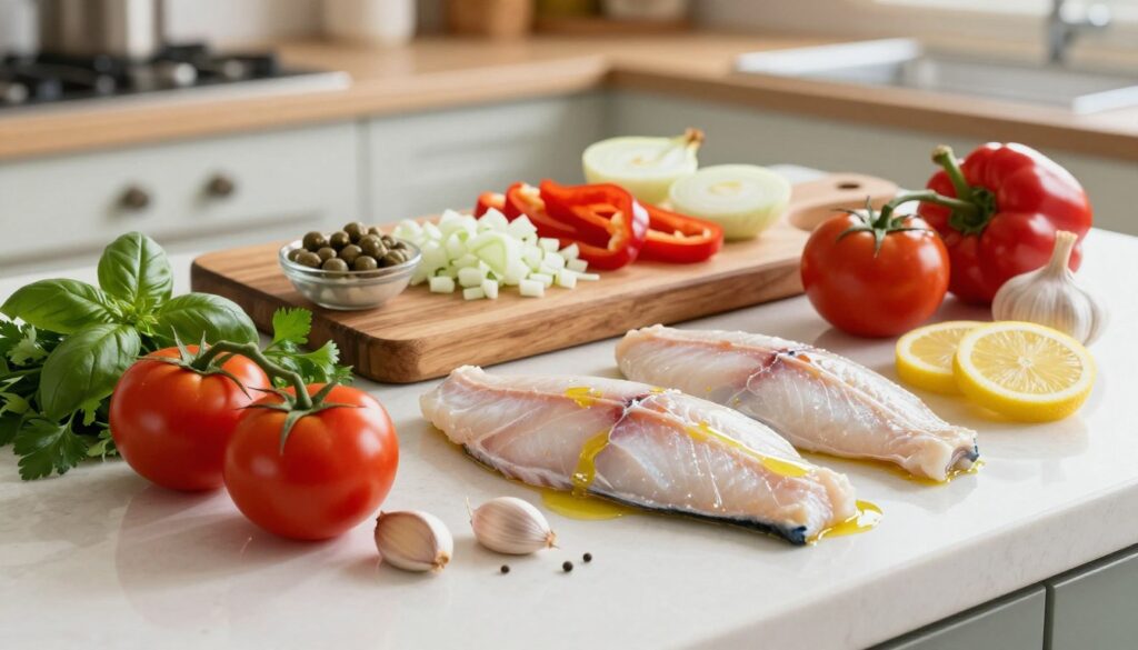 A beautifully arranged countertop displaying the essential ingredients for an authentic pesce in umido. In the foreground, fresh fish fillets glisten with a touch of olive oil, surrounded by vibrant, ripe tomatoes, fragrant garlic cloves, and a handful of fresh herbs including basil and parsley. Slices of lemon add a bright yellow contrast. In the middle ground, a rustic wooden cutting board holds chopped onions and bell peppers, with a small bowl of capers placed nearby. The background features a softly lit kitchen, with hints of cookware and herbs drying, creating a warm, inviting atmosphere. The lighting should be natural and soft, enhancing the colors of the ingredients. The angle should be a slightly elevated overhead shot, providing a clear view of the arranged ingredients in a cozy, homey kitchen setting.