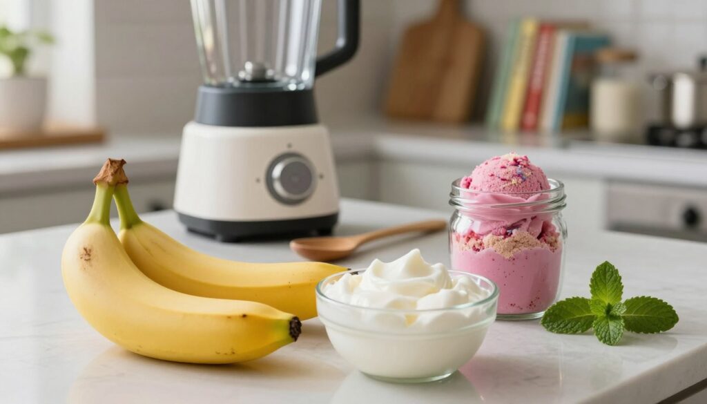 A beautifully arranged countertop showcasing the essential ingredients for a 3-ingredient high-protein ice cream recipe. In the foreground, a smooth, ripe banana sits next to a small bowl of creamy Greek yogurt, its texture glistening under soft natural light. Beside them, a scoop of protein powder, brightly colored, is elegantly displayed in a glass jar. In the middle ground, a wooden spoon and a blender hint at the preparation process, while fresh mint leaves add a touch of color. The background features a cozy kitchen setting, softly lit, with a blurred out shelf of healthy cookbooks, evoking a warm and inviting atmosphere. The focus is sharp on the ingredients, enhancing the concept of health and simplicity. A beautifully arranged countertop showcasing the essential ingredients for a 3-ingredient high-protein ice cream recipe. In the foreground, a smooth, ripe banana sits next to a small bowl of creamy Greek yogurt, its texture glistening under soft natural light. Beside them, a scoop of protein powder, brightly colored, is elegantly displayed in a glass jar. In the middle ground, a wooden spoon and a blender hint at the preparation process, while fresh mint leaves add a touch of color. The background features a cozy kitchen setting, softly lit, with a blurred out shelf of healthy cookbooks, evoking a warm and inviting atmosphere. The focus is sharp on the ingredients, enhancing the concept of health and simplicity.