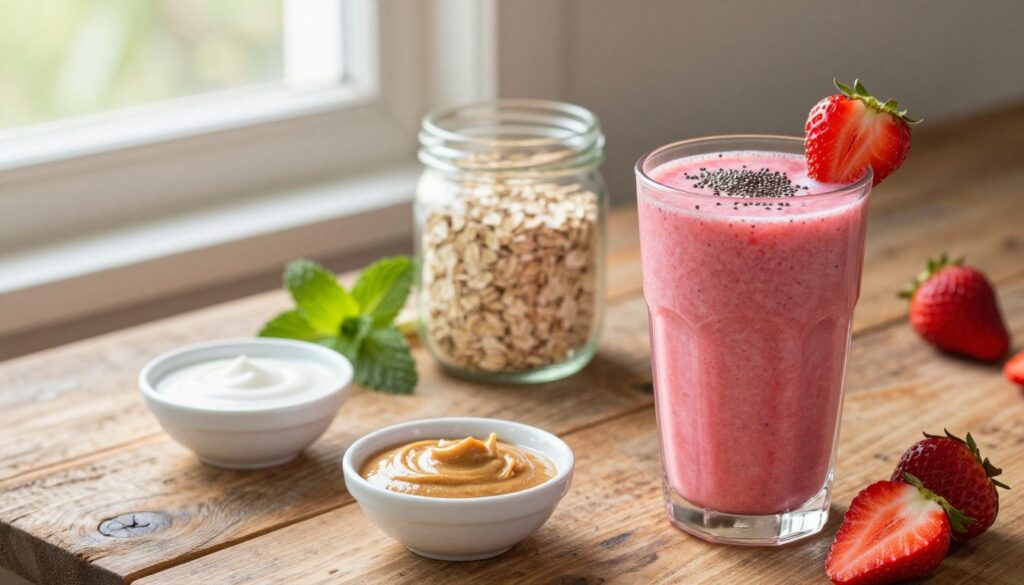 A beautifully arranged dairy-free strawberry smoothie setup on a rustic wooden table. In the foreground, a tall glass filled with vibrant pink strawberry smoothie, topped with fresh strawberries and a sprinkle of chia seeds. Beside it, small bowls of potential customization options: coconut milk, almond butter, and agave syrup, each with a fresh piece of fruit. The middle ground shows a jar of oats and a few sprigs of mint for garnish, adding texture and color. In the background, soft, natural lighting filters through a nearby window, creating a warm, inviting atmosphere. The scene is captured with a shallow depth of field, emphasizing the smoothie and customization options while blurring the background slightly. The mood is fresh, healthy, and summery.