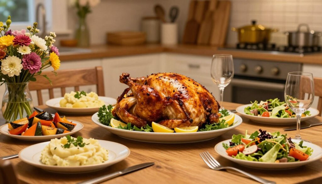 A beautifully arranged dinner table showcasing Ina Garten's signature roast chicken as the centerpiece, golden-brown and perfectly cooked, garnished with fresh herbs and lemon slices. Surrounding the chicken are vibrant sides of roasted vegetables, creamy mashed potatoes, and a crisp garden salad elegantly served in tasteful dish ware. In the foreground, a vibrant bouquet of seasonal flowers adds a pop of color. Soft, warm, ambient lighting enhances the inviting atmosphere, casting a gentle glow over the scene. The background features a cozy kitchen setting with rustic wooden shelves and cooking utensils, contributing to a welcoming vibe. The image captures an elegant yet approachable mood, ideal for a stylish dinner party, evoking appreciation for gourmet home cooking.