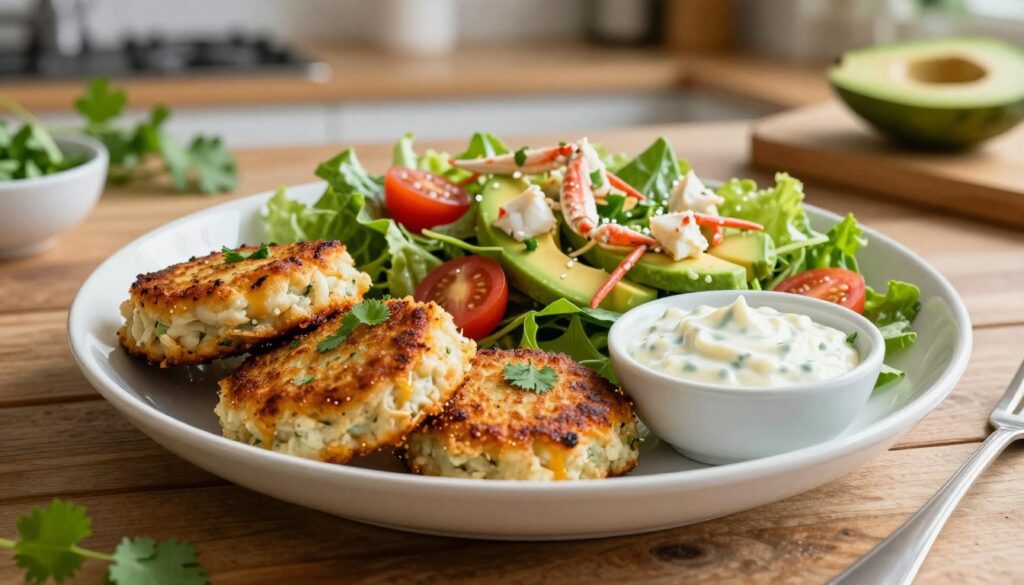 A beautifully arranged dish featuring spider crab cakes and a fresh crab salad, placed on a rustic wooden table. In the foreground, crispy golden crab cakes are garnished with cilantro and served with a creamy mayonnaise dip in a small, elegant white bowl. Beside it, a vibrant salad with mixed greens, cherry tomatoes, and slices of avocado showcases delicate chunks of spider crab, lightly dressed. The middle ground captures the inviting atmosphere with soft natural sunlight highlighting the textures of the crab meat and the freshness of the vegetables. In the background, subtle hints of a cozy kitchen setting with blurred decorative herbs suggest an inviting cooking environment. The image evokes a warm, appetizing mood, focusing on the delicious adaptations of the spider crab dish.