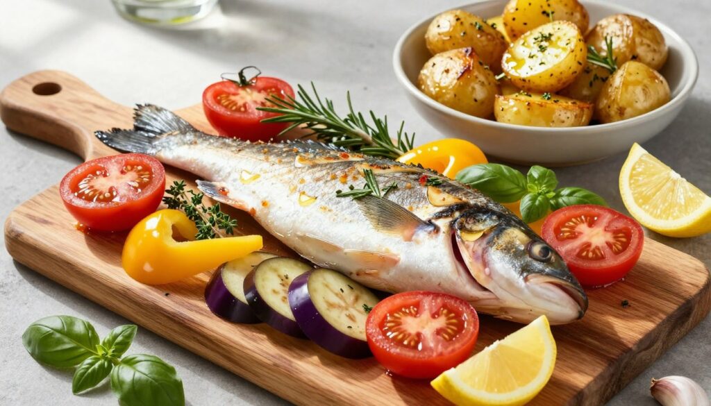 A beautifully arranged display of Provençal baked fish ingredients, featuring a fresh whole fish (like sea bass or snapper) lying on a rustic wooden cutting board. Surround the fish with an assortment of vivid, colorful vegetables: ripe tomatoes, bright yellow bell peppers, and purple eggplants, artfully sliced. Add sprigs of fragrant fresh herbs such as rosemary, thyme, and basil scattered around, alongside garlic cloves and lemon wedges for a zesty touch. In the background, display a bowl of golden, roasted potatoes, glistening with olive oil and sprinkled with herbs. Natural light pours in from the side, casting soft shadows and highlighting the textures of the ingredients. Capture the scene from a slightly elevated angle, evoking a warm, inviting Mediterranean atmosphere, perfect for inspiring home cooking.