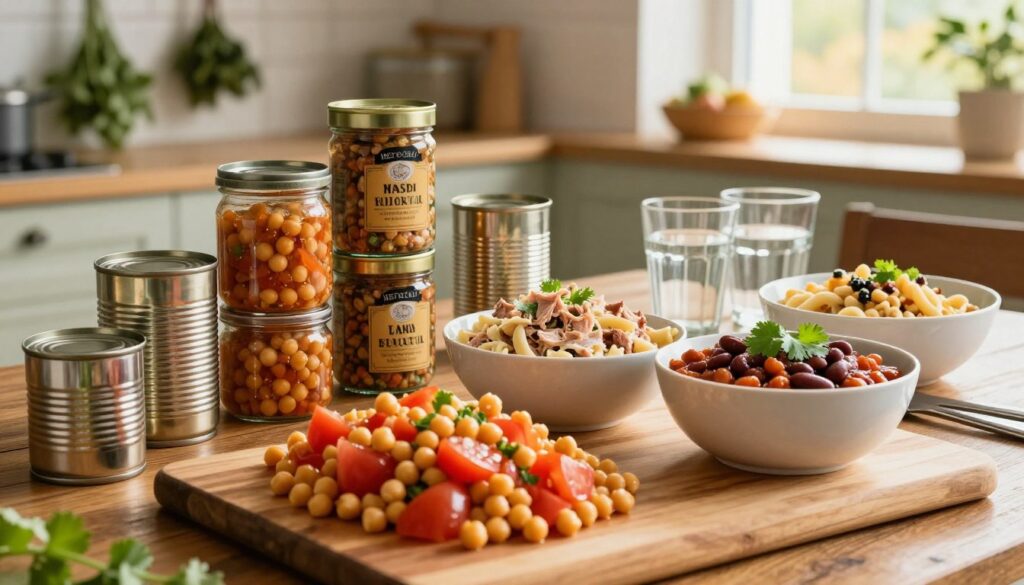 A beautifully arranged display of assorted canned food lunch recipes, all freshly prepared and ready to eat. In the foreground, a wooden cutting board showcases vibrant dishes: a colorful chickpea salad with diced tomatoes, a creamy tuna pasta salad, and a hearty bean chili garnished with fresh cilantro. In the middle, a rustic table setting features bowls, utensils, and a couple of glasses of water, enhancing the inviting atmosphere. The background softly blurs into a kitchen scene with hanging herbs and a window casting warm, natural light. The overall mood exudes comfort and creativity, inspiring a sense of easy, satisfying meal preparation using pantry staples. The angle is slightly elevated, capturing a well-composed look at the delightful meals.