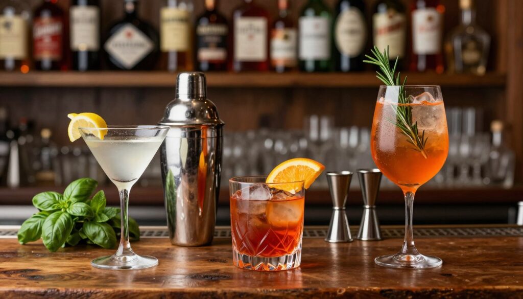 A beautifully arranged display of classic vermouth cocktails on a rustic wooden bar. In the foreground, three elegant glasses filled with distinct vermouth-based drinks: a classic Martini with a twist of lemon, a Negroni garnished with an orange slice, and an Aperol Spritz with a vibrant orange hue and a sprig of rosemary. The middle layer features a stylish cocktail shaker and jigger, along with fresh herbs like basil and mint. In the background, softly blurred shelves filled with various vermouth bottles and vintage barware create an inviting atmosphere. Warm, ambient lighting highlights the drinks, enhancing the rich colors and textures. The mood is relaxed and sophisticated, perfect for a cozy evening gathering.