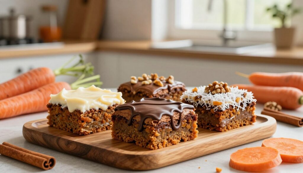 A beautifully arranged display of delicious carrot cake bars, showcasing a variety of creative variations. In the foreground, a wooden platter holds three distinct types of carrot cake bars: one topped with cream cheese frosting, another drizzled with chocolate ganache, and the third with a sprinkle of coconut and crushed walnuts. In the middle ground, soft-focus carrot and spice ingredients, like cinnamon sticks and grated carrots, are artfully placed around the platter. The background features a rustic kitchen setting with warm, natural light streaming in through a window, highlighting the bars' moist texture and inviting colors. The atmosphere is cozy and inviting, perfect for a baking enthusiast in their element. A beautifully arranged display of delicious carrot cake bars, showcasing a variety of creative variations. In the foreground, a wooden platter holds three distinct types of carrot cake bars: one topped with cream cheese frosting, another drizzled with chocolate ganache, and the third with a sprinkle of coconut and crushed walnuts. In the middle ground, soft-focus carrot and spice ingredients, like cinnamon sticks and grated carrots, are artfully placed around the platter. The background features a rustic kitchen setting with warm, natural light streaming in through a window, highlighting the bars' moist texture and inviting colors. The atmosphere is cozy and inviting, perfect for a baking enthusiast in their element.