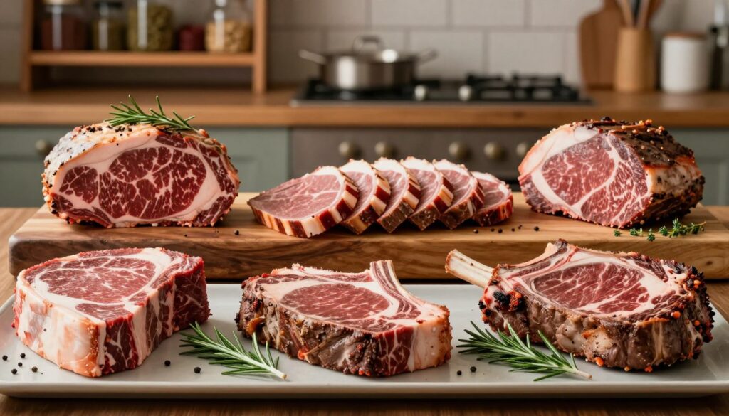 A beautifully arranged display of different cuts of roast beef, showcasing various textures and marbling that highlight their quality. In the foreground, a well-presented platter features prime cuts like ribeye, sirloin, and tenderloin, elegantly garnished with fresh herbs like rosemary and thyme. The middle ground displays a butcher's block with neatly arranged slices of roast beef, revealing juicy interiors. The background is softly blurred, featuring a rustic kitchen setting with wooden shelves filled with spices and cooking tools, evoking a warm, inviting atmosphere. Soft, natural lighting highlights the rich colors of the meat, casting gentle shadows. The composition captures a sense of culinary artistry and the joy of preparing a delicious roast beef meal.