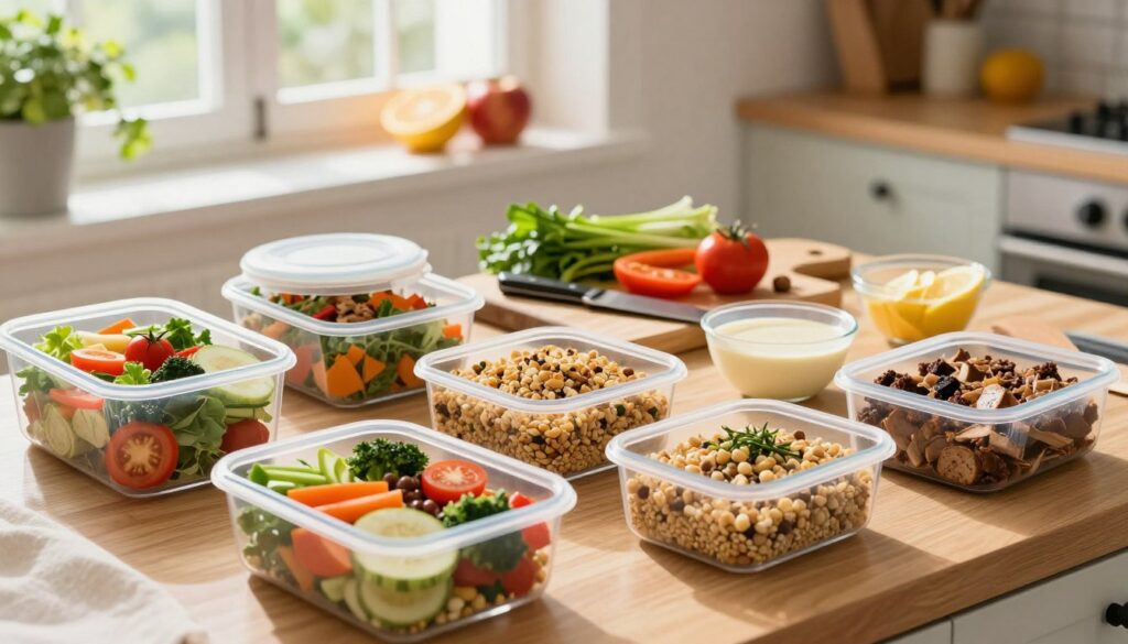 A beautifully arranged display of easy meal prep lunch ideas for beginners, featuring colorful, nutritious ingredients neatly packed in various transparent containers. In the foreground, focus on containers filled with vibrant salads, grain bowls, and protein options, artfully divided to show variety. In the middle, include a wooden cutting board with fresh vegetables, a chef's knife, and a small bowl of dressing. The background showcases a well-lit kitchen with natural light streaming in, highlighting bright herbs and fruits on a windowsill. Use a warm, inviting color palette to evoke a sense of comfort and simplicity. Capture the scene from a slightly elevated angle to provide a comprehensive view, creating an atmosphere of inspiration for meal prepping.