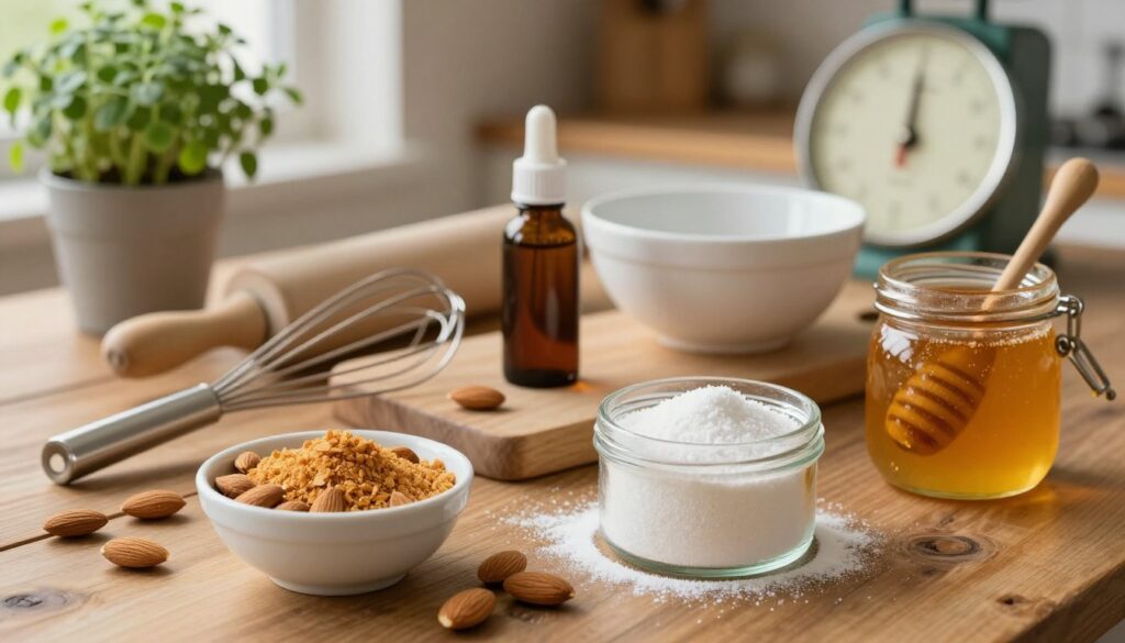 A beautifully arranged display of essential ingredients for making almond fondant, set on a rustic wooden kitchen table. In the foreground, showcase a small bowl of finely ground almonds, a container of powdered sugar, and a jar of honey glistening under soft natural light. The middle layer features a whisk, a rolling pin, and a delicate almond extract bottle, positioned artfully alongside a white ceramic mixing bowl. In the background, soft-focus kitchen elements such as a potted herb plant and a vintage scale create a warm, inviting atmosphere. The lighting is warm and diffused, enhancing the colors and textures of the ingredients, evoking a cozy, homemade vibe perfect for baking. The angle captures depth and invites viewers into the serene baking scene. A beautifully arranged display of essential ingredients for making almond fondant, set on a rustic wooden kitchen table. In the foreground, showcase a small bowl of finely ground almonds, a container of powdered sugar, and a jar of honey glistening under soft natural light. The middle layer features a whisk, a rolling pin, and a delicate almond extract bottle, positioned artfully alongside a white ceramic mixing bowl. In the background, soft-focus kitchen elements such as a potted herb plant and a vintage scale create a warm, inviting atmosphere. The lighting is warm and diffused, enhancing the colors and textures of the ingredients, evoking a cozy, homemade vibe perfect for baking. The angle captures depth and invites viewers into the serene baking scene.
