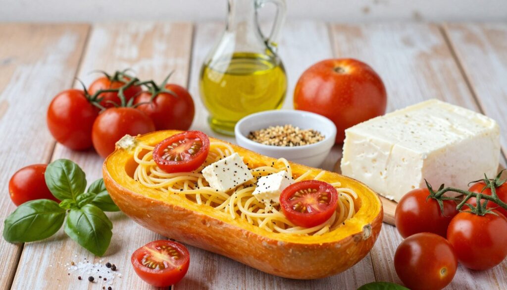A beautifully arranged display of fresh Mediterranean ingredients for baked feta and tomato spaghetti squash. In the foreground, a vibrant spaghetti squash is cut in half, showcasing its golden strands, surrounded by ripe, juicy cherry tomatoes in various colors, a block of creamy feta cheese, and sprigs of fresh basil. In the middle, olive oil and a small bowl of crushed garlic add to the composition, while a sprinkle of salt and pepper enhances the scene. The background features a rustic wooden countertop with soft natural lighting, casting gentle shadows to create depth. A bright, inviting atmosphere captures the essence of Mediterranean cooking, promising delicious flavors and a wholesome meal. The image should be vibrant and enticing, drawing viewers into the culinary experience.