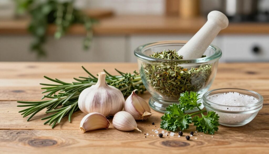 A beautifully arranged display of garlic herb lamb seasoning ingredients on a rustic wooden table. In the foreground, showcase fresh garlic bulbs, sprigs of rosemary, thyme, and parsley, along with a small bowl of coarse sea salt and cracked black pepper. In the middle, add a glass mortar and pestle with crushed garlic and herbs, emphasizing texture and freshness. The background features softly blurred elements of a kitchen setting, with hints of herbs hanging and warm wooden tones. Warm, natural lighting casts soft shadows, creating an inviting atmosphere. Use a close-up angle that highlights the vibrant colors and details of the ingredients, inspiring a sense of culinary creativity and love for cooking.