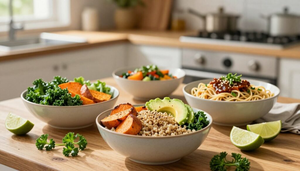 A beautifully arranged display of hearty grain and noodle bowls on a rustic wooden table, showcasing a variety of colorful ingredients. In the foreground, a vibrant bowl filled with quinoa, roasted sweet potatoes, and bright green kale, topped with avocado slices and a sprinkle of sesame seeds. Next to it, a warm bowl of noodles adorned with sautéed vegetables, drizzled with a savory sauce. Include fresh herbs and lime wedges artistically placed around the bowls for added color. The middle ground features a softly blurred background of a well-lit kitchen, with natural sunlight filtering through a window, creating a warm and inviting atmosphere. Use a shallow depth of field to focus on the bowls while maintaining a cozy, home-cooked feel. The image conveys a sense of nourishment and vitality, perfect for promoting energy-boosting meals.