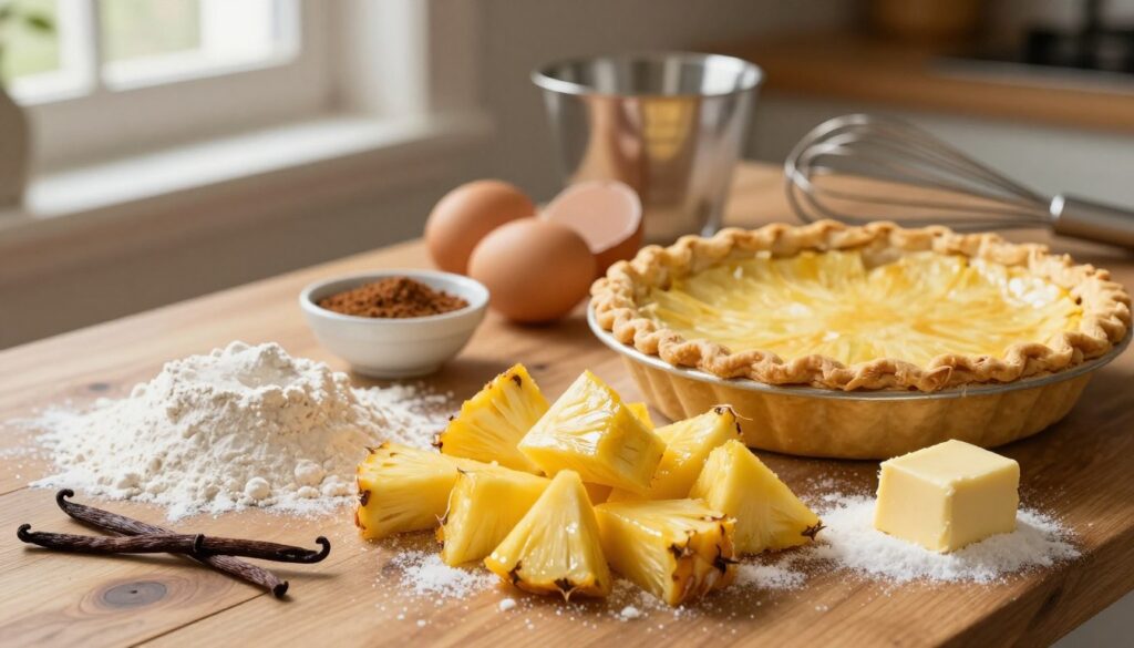 A beautifully arranged display of ingredients for homemade pineapple pie. In the foreground, freshly cut ripe pineapple chunks glisten, surrounded by a scattering of flour, sugar, and a stick of butter. A bright, golden pie crust sits elegantly nearby, with a measuring cup and a whisk strategically placed to hint at preparation. In the middle ground, there are a couple of eggs in their shells alongside a small bowl of cinnamon, while a piece of vanilla bean adds an aromatic touch. The background features a rustic wooden countertop, softly illuminated by warm, natural light pouring in from a nearby window, creating a cozy and inviting kitchen atmosphere. The overall mood is warm and cheerful, perfect for inspiring culinary creativity.