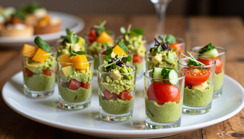 A beautifully arranged display of layered hors d'oeuvres in elegant glass verrines, showcasing vivid layers of creamy avocado, colorful diced vegetables, and garnishes. In the foreground, several glasses with distinct layers of rich green avocado puree, vibrant red tomatoes, and crunchy cucumber, presented on a sleek white plate. The middle layer features delicate herbs and microgreens for added color and freshness. The background is softly blurred, hinting at a rustic wooden table and warm ambient lighting that creates a cozy and inviting atmosphere. The scene is captured with a shallow depth of field, emphasizing the intricate textures and colors of the verrines while casting gentle highlights and shadows that enhance the visual appeal.