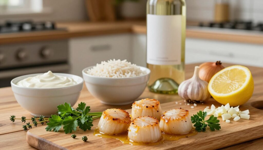 A beautifully arranged display of seafood casserole ingredients on a rustic wooden kitchen table. In the foreground, vibrant scallops glisten with a hint of moisture, surrounded by fresh herbs like parsley and thyme. Next to them, a halved lemon adds a pop of yellow, while minced garlic and chopped onions create a fragrant backdrop. In the middle ground, bowls filled with uncooked rice and creamy white sauce are elegantly placed, alongside a bottle of white wine, its label facing outward. The background features soft, warm kitchen lighting that enhances the inviting atmosphere, with minimal kitchen utensils subtly hinting at preparation. Use a shallow depth of field to focus on the ingredients, creating a warm and appetizing ambiance that invites viewers to imagine cooking the delicious casserole.