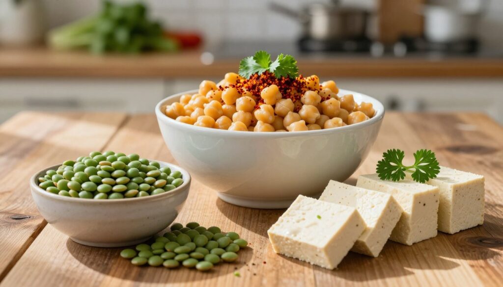 A beautifully arranged display of vegetarian protein sources, featuring vibrant green lentils, creamy tofu cubes, and plump chickpeas, all set on a rustic wooden table. In the foreground, a small bowl of lentils spills slightly onto the table, next to neatly cut tofu slices adorned with fresh herbs. The middle layer showcases a larger bowl filled with chickpeas, garnished with a sprinkle of paprika and cilantro. Soft, natural lighting filters in from the left, creating gentle shadows and highlighting the textures of the ingredients. The background is softly blurred, giving a cozy kitchen atmosphere with hints of fresh vegetables and cooking utensils. The image conveys a warm, inviting feeling, perfect for promoting healthy vegetarian dinner ideas.
