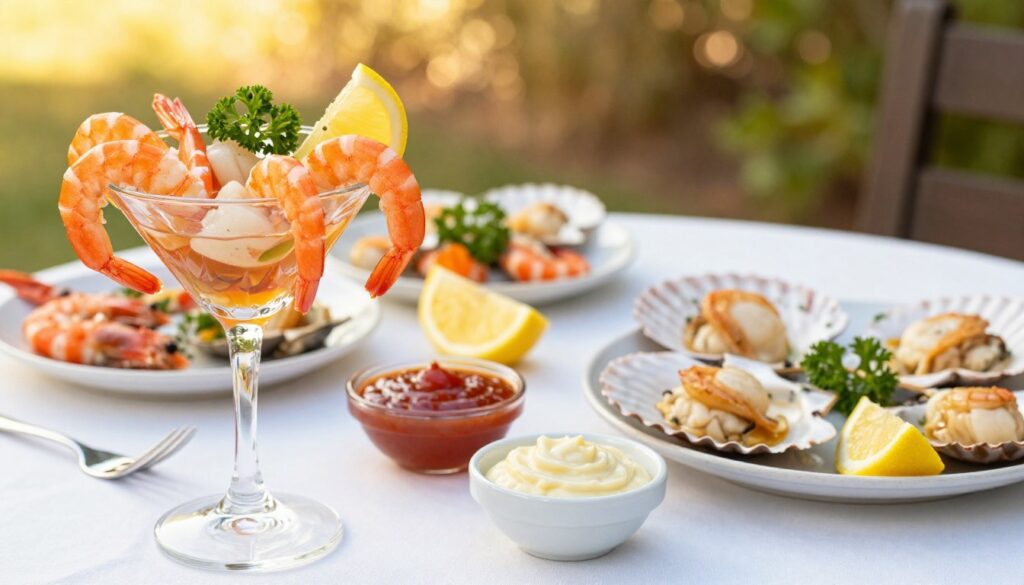 A beautifully arranged easy seafood cocktail set on a white tablecloth, featuring plump shrimp, scallops, and crab meat garnished with lemon wedges and fresh parsley. In the foreground, a crystal-clear martini glass showcases the vibrant colors of the seafood, while an elegant fork rests beside it. In the middle, a variety of dipping sauces in small bowls, such as cocktail sauce and garlic aioli, add a touch of indulgence. The background features a softly blurred outdoor setting with warm, golden sunlight filtering through, enhancing the inviting atmosphere for quick entertaining. Use a macro lens to capture intricate details of the seafood, focusing on textures and colors. The scene conveys a fresh, appetizing vibe, perfect for a gathering or casual event.