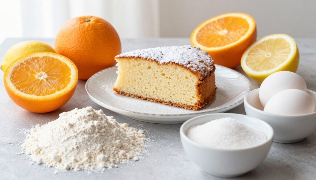 A beautifully arranged flat lay featuring the key ingredients for the best angel cake recipe. In the foreground, a pile of finely sifted cake flour, delicate granulated sugar, and several large, fresh egg whites in pristine white bowls. In the middle, a light, fluffy angel cake slice, displayed on a vintage white plate dusted with powdered sugar. Surrounding the cake, vibrant citrus fruits like oranges and lemons are peeled and sliced, showcasing their juicy, bright colors. In the background, soft natural light filters through a sheer curtain, creating a warm, inviting atmosphere. The overall mood is light and cheerful, evoking a sense of simplicity and homemade goodness, perfect for culinary inspiration. A beautifully arranged flat lay featuring the key ingredients for the best angel cake recipe. In the foreground, a pile of finely sifted cake flour, delicate granulated sugar, and several large, fresh egg whites in pristine white bowls. In the middle, a light, fluffy angel cake slice, displayed on a vintage white plate dusted with powdered sugar. Surrounding the cake, vibrant citrus fruits like oranges and lemons are peeled and sliced, showcasing their juicy, bright colors. In the background, soft natural light filters through a sheer curtain, creating a warm, inviting atmosphere. The overall mood is light and cheerful, evoking a sense of simplicity and homemade goodness, perfect for culinary inspiration.