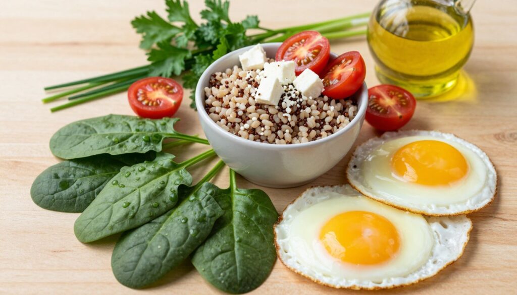 A beautifully arranged flat lay of essential ingredients for a spinach and fried egg grain bowl. In the foreground, vibrant fresh spinach leaves are neatly piled alongside perfectly fried eggs with golden, runny yolks. In the middle, a small bowl of cooked grains, such as quinoa or brown rice, rests next to sliced cherry tomatoes and a sprinkle of feta cheese. In the background, there are a few sprigs of fresh herbs, like parsley and chives, and a drizzle of olive oil in a glass bottle. Soft, natural lighting illuminates the scene, enhancing the freshness of the vegetables while creating inviting shadows. The atmosphere is warm and wholesome, evoking a sense of culinary creativity and health. The composition is shot from above, emphasizing the colorful arrangement of ingredients against a light wooden surface.