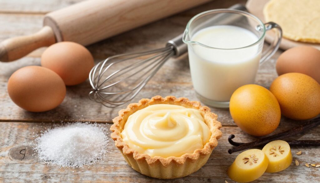 A beautifully arranged flat lay of essential ingredients for custard tart filling on a rustic wooden table. In the foreground, focus on a small bowl of creamy custard, glistening with a subtle shine. Surround it with fresh eggs, vibrant yellow and speckled, showcasing their freshness. Include a sprinkle of granulated sugar and a handful of smooth, golden vanilla pods cut open to reveal seeds. In the middle ground, add a vintage whisk and a measuring cup filled with milk, creating a sense of preparation. The background features a softly blurred rolling pin and pastry dough, suggesting the art of tart-making. Warm, natural lighting highlights the textures and colors, creating an inviting and cozy kitchen atmosphere, ideal for baking enthusiasts.