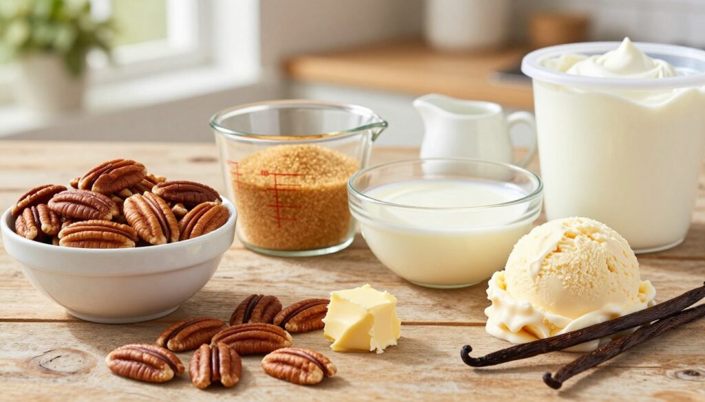 A beautifully arranged flat lay of essential ingredients for homemade butter pecan ice cream, featuring a bowl of whole pecans, a scoop of creamy butter, a small pitcher of vanilla extract, and a container of heavy cream. The foreground highlights the shiny, toasted pecans alongside the butter, garnished with delicate vanilla beans. In the middle, a glass measuring cup filled with rich golden sugar sits next to a clear bowl of milk. The background is softly blurred, showcasing a rustic wooden kitchen table and a hint of fresh greenery through a nearby window, creating a warm, inviting atmosphere. The lighting is bright and natural, simulating a sunny afternoon, enhancing the textures and colors of the ingredients while evoking a sense of homemade comfort.