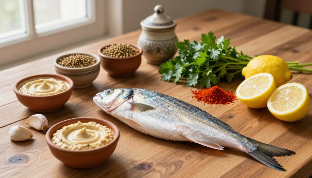 A beautifully arranged flat lay of essential ingredients for making authentic Samak bi Tahini. In the foreground, vibrant whole fish (such as mullet or sea bream) glisten with freshness, surrounded by small bowls containing creamy tahini, garlic cloves, and zesty lemons, showcasing their texture. The middle layer features aromatic spices like cumin and coriander in rustic containers, alongside sprigs of fresh parsley and a dusting of red chili powder for a pop of color. In the background, a warm wooden table enhances the earthy, inviting atmosphere, with soft, natural lighting cascading from a nearby window, creating a sense of homeliness. The mood is one of culinary warmth and cultural richness, enticing viewers to explore the flavors of Middle Eastern cuisine.