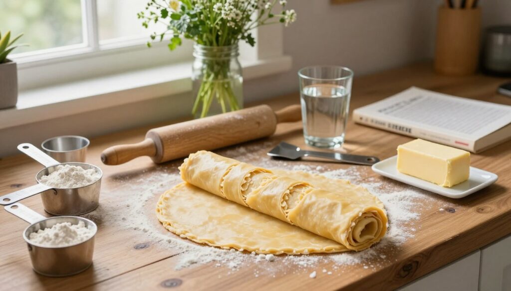 A beautifully arranged flat lay of ingredients and tools for making easy puff pastry from scratch, set on a rustic wooden countertop. In the foreground, there's a neatly rolled sheet of golden puff pastry, flaked and flaky, surrounded by measuring cups of flour, a stick of butter, and a glass of chilled water. In the middle, a rolling pin and a pastry cutter pay homage to the crafting process, while scattered flour dust adds authenticity. In the background, soft natural light filters in through a kitchen window, illuminating a bouquet of fresh herbs in a mason jar, and a well-used recipe book. This cozy kitchen atmosphere invites creativity and warmth, highlighting the step-by-step process of making puff pastry. Capture this scene from a slightly angled perspective to emphasize depth and detail.