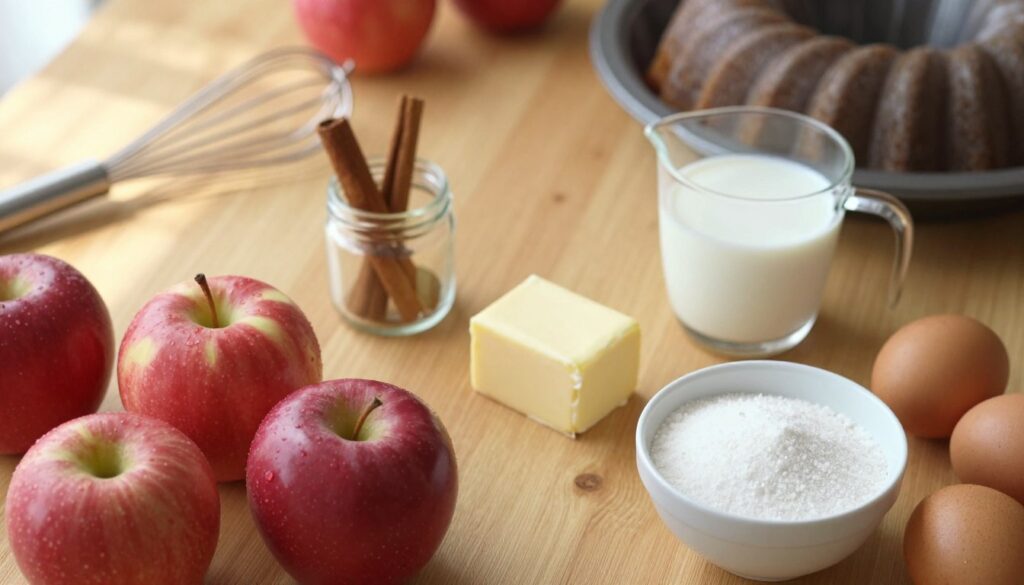 A beautifully arranged flat lay of ingredients for a simple apple bundt cake. In the foreground, include fresh, shiny red apples, a cup of flour, a bowl of sugar, and eggs. In the middle, display a small glass container of cinnamon, a stick of butter, and a measuring cup filled with milk. The background should feature a wooden kitchen table with hints of baking utensils like a whisk and a bundt pan partially blurred. Soft, natural lighting filters in from the left, casting gentle shadows and creating a warm, inviting atmosphere. The image should evoke a cozy, home-baked feel, perfect for illustrating essential baking ingredients.