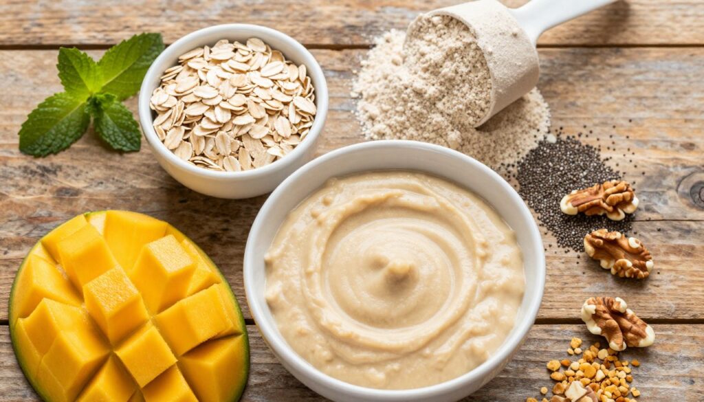 A beautifully arranged flat lay of ingredients for high-protein mango tahini oatmeal. In the foreground, a bowl of creamy tahini sits alongside fresh, ripe mango slices, glistening in natural light. A small dish of rolled oats is positioned near a scoop of protein powder, with a sprinkle of chia seeds and crushed nuts artistically scattered around. In the middle ground, a backdrop of a rustic wooden table enhances the warmth, complemented by leafy green sprigs of mint for a pop of color. The lighting is soft and natural, creating a cheerful and inviting atmosphere. The angle should be slightly above, focusing on the ingredients' textures and colors, evoking a sense of health and freshness without any text or additional elements.