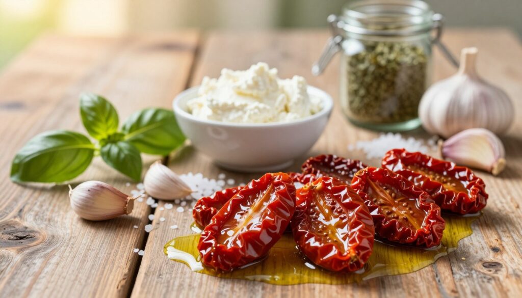 A beautifully arranged flat lay of sun-dried tomato recipe ingredients. In the foreground, showcase vibrant, plump sun-dried tomatoes glistening in golden olive oil, scattered with sprigs of fresh basil and cloves of garlic. In the middle, include a small bowl of creamy mascarpone cheese, a sprinkle of sea salt, and a jar of Italian herbs. The background should feature a rustic wooden kitchen table with a soft, natural light illuminating the scene, resembling late afternoon sunshine to create a warm atmosphere. Capture the texture and colors vividly, emphasizing the rich reds of the tomatoes and the green of the basil. Use a shallow depth of field to enhance focus on the ingredients while softly blurring the background, evoking a cozy, inviting cooking environment.
