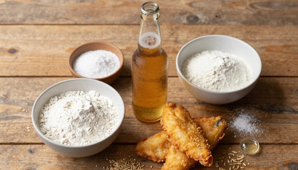 A beautifully arranged flat lay of the essential ingredients for beer battered fish. In the foreground, a bowl of all-purpose flour and a bowl of rice flour sit next to a small dish of baking powder and a pinch of salt. A frosty, open beer bottle with condensation glistening in the light stands in the middle. Surrounding these ingredients are scattered grains of flour and a few small beer bubbles, hinting at the lively character of the dish. The background features a rustic wooden table with warm, natural lighting that casts soft shadows, creating a cozy and inviting atmosphere. The composition emphasizes freshness and simplicity, appealing to a home cooking aesthetic. The angle is slightly above eye level, giving a clear view of the ingredients without distractions.