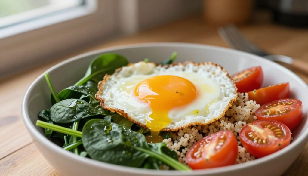 A beautifully arranged fried egg breakfast bowl featuring a perfectly fried egg with a runny yolk at its center. The foreground showcases the bowl filled with vibrant, fresh spinach, fluffy quinoa, and colorful cherry tomatoes glistening with a hint of olive oil. The warm, golden yolk of the egg is intentionally broken, draping over the other ingredients, inviting you to indulge. The middle ground includes a wooden table surface to emphasize a rustic kitchen feel, while the background features soft, natural lighting coming through a nearby window, casting gentle shadows that create an inviting atmosphere. The image is shot from a slight overhead angle using a macro lens, enhancing the textures and details of the food and creating a warm, homey vibe that makes the dish irresistible.