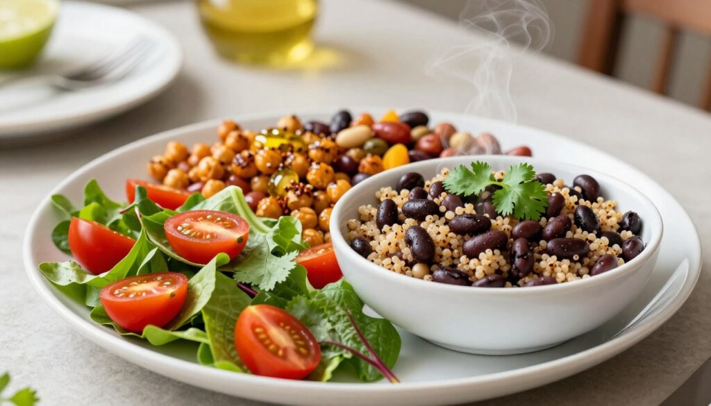 A beautifully arranged, healthy dinner plate showcasing a variety of colorful dishes featuring beans and legumes. In the foreground, a vibrant, fresh salad with cherry tomatoes and leafy greens sits beside a steaming bowl of spicy black beans and quinoa, garnished with cilantro. On the middle layer, a colorful medley of roasted chickpeas and mixed legumes with a light drizzle of olive oil and spices is artfully displayed. The background features a cozy dining table setting with soft, warm lighting that creates an inviting atmosphere. The scene conveys a sense of health and vitality, emphasizing the wholesome nature of gut-healthy ingredients. The image should have a clean, bright aesthetic, captured from a slightly elevated angle to enhance the visual appeal. A beautifully arranged, healthy dinner plate showcasing a variety of colorful dishes featuring beans and legumes. In the foreground, a vibrant, fresh salad with cherry tomatoes and leafy greens sits beside a steaming bowl of spicy black beans and quinoa, garnished with cilantro. On the middle layer, a colorful medley of roasted chickpeas and mixed legumes with a light drizzle of olive oil and spices is artfully displayed. The background features a cozy dining table setting with soft, warm lighting that creates an inviting atmosphere. The scene conveys a sense of health and vitality, emphasizing the wholesome nature of gut-healthy ingredients. The image should have a clean, bright aesthetic, captured from a slightly elevated angle to enhance the visual appeal.