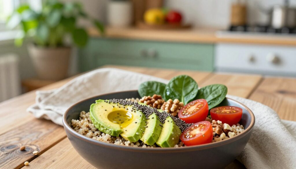 A beautifully arranged high-fiber breakfast bowl featuring sliced avocado as the star ingredient. In the foreground, showcase a deep ceramic bowl filled with quinoa, topped with ripe avocado slices, cherry tomatoes, a sprinkle of chia seeds, and fresh spinach. Include a handful of nuts and a drizzle of olive oil for added richness. In the middle, place a rustic wooden table setting with a light, airy napkin and a bright morning light filtering in, creating a cozy ambiance. In the background, softly blurred images of a lush green kitchen with potted herbs and fresh fruit can be seen, enhancing the freshness of the meal. The mood is inviting and healthy, evoking a sense of warmth and vitality.